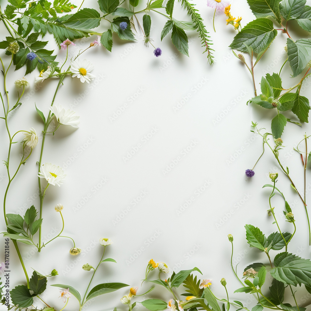 Fototapeta premium frame of thin wild herbs and delicate wild flowers on a white background
