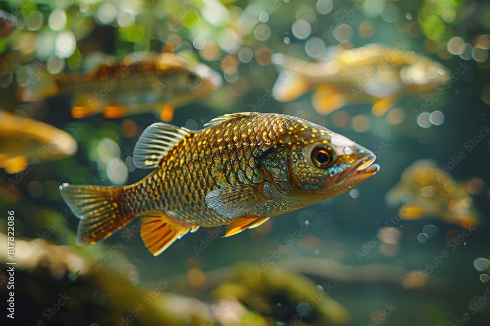 Tilapia swimming in a freshwater pond, representing aquaculture. 