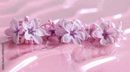   A cluster of lavender blossoms resting on a rose-hued work surface beside an ivory vase brimming with liquid