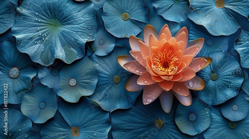  A water lily  with blue and green surrounding lilies  and water droplets on its petals
