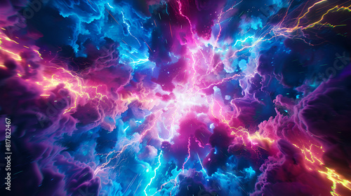  neon lightning, strikingly perfect for concepts of energy and dramatic nature, Multicolored glowing high energy lightning, Abstract background with lightning and space for your text photo
