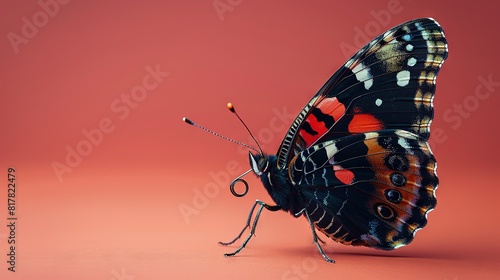 A black and red butterfly perched atop a pink surface, adjacent to scissors