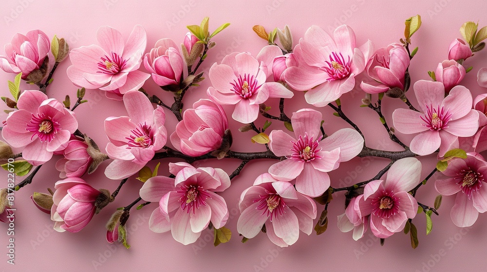 A pink flower close-up on a pink background with a green leafy branch on the left side A pink flower close-up on a pink background with a green leafy branch on the left side