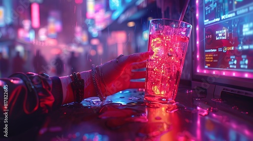 A gamer's hand reaching for a neon-lit energy drink, with a high-stakes game paused on the screen. photo