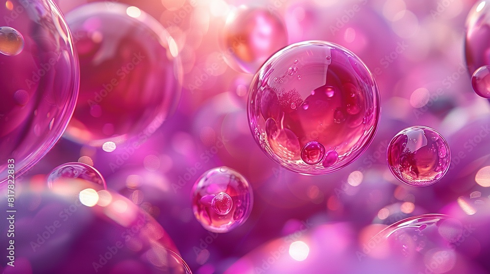 A group of bubbles float against a pink and purple backdrop, their blurred reflection showing more bubbles floating in the air on a purple background A group of bubbles float against a pink and purple backdrop, their blurred reflection showing more bubbles floating in the air on a purple background