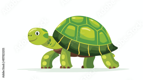 Cute and funny green turtle with shell. Side view of