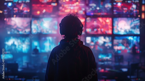 A gamer's silhouette against a backdrop of neon lights and multiple screens displaying fast-paced games.