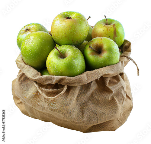 Fresh green apples in a burlap sack, cut out - stock png.