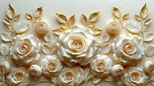   A close-up of a white wall adorned with gold leaves and flowers