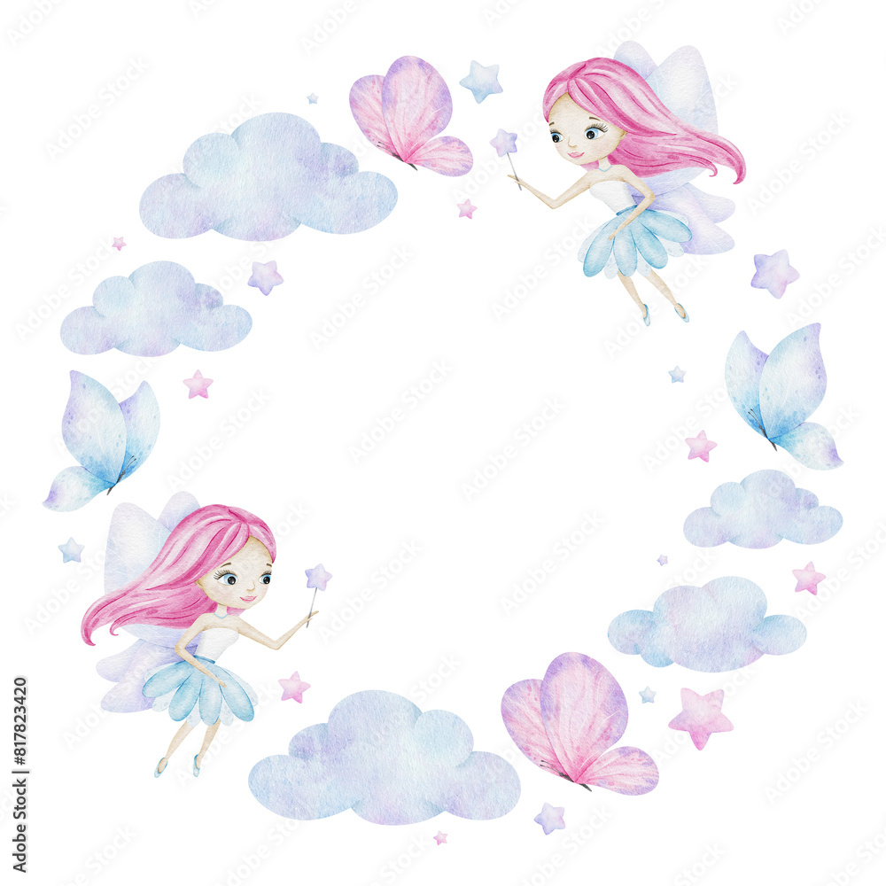 Cute little fairy with magic wand, stars, butterflies, clouds. Isolated Watercolor round frame. Children's background for kid's goods, postcards, baby shower and children's room Cute little fairy with magic wand, stars, butterflies, clouds. Isolated Watercolor round frame. Children's background for kid's goods, postcards, baby shower and children's room