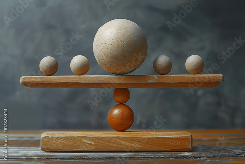 Wooden Scale Balancing One Big Ball and Four Small Ones