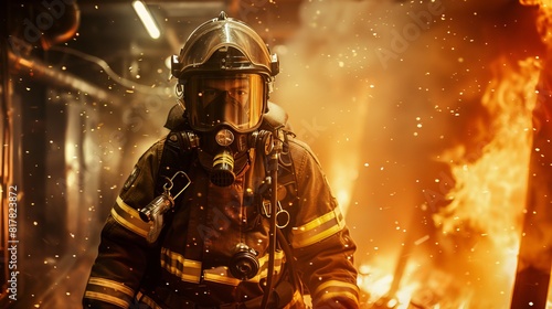 Firefighter in Full Gear: Dressed in full firefighting gear, a firefighter prepares to enter a burning building, equipped with an oxygen tank, helmet, and protective clothing 