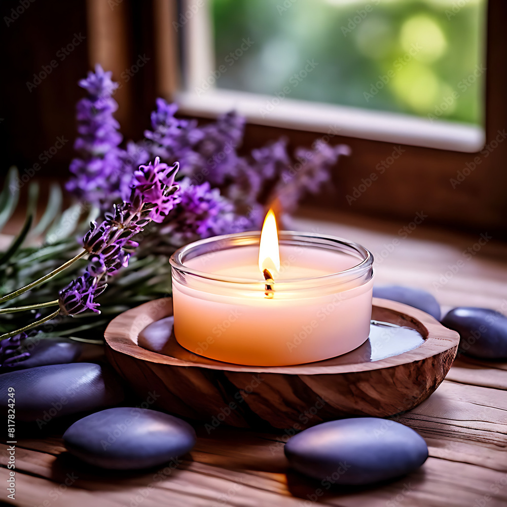 A meditation candle glows on a wooden dish surrounded by stones and lavender, creating a serene Zen ambiance. Perfect for inspiring a deeply spiritual meditative session A meditation candle glows on a wooden dish surrounded by stones and lavender, creating a serene Zen ambiance. Perfect for inspiring a deeply spiritual meditative session