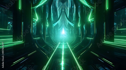 Digital technology green blue radiating line space concept art poster background photo