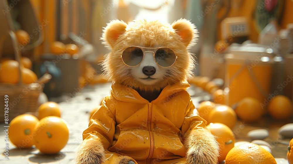 A bear in sunglasses and a yellow jacket sits in front of a stack of oranges, surrounded by more oranges A bear in sunglasses and a yellow jacket sits in front of a stack of oranges, surrounded by more oranges