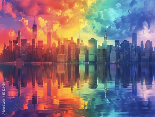 A cityscape bathed in the colors of the gay pride flag, celebrating LGBTQ life and culture