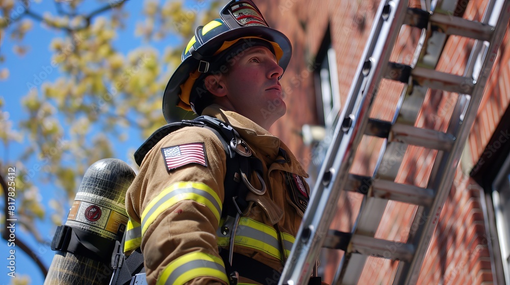 Obraz premium Firefighter in Training: During training exercises, firefighters practice rescue techniques, climb ladders, and simulate firefighting scenarios to maintain readiness for emergencies