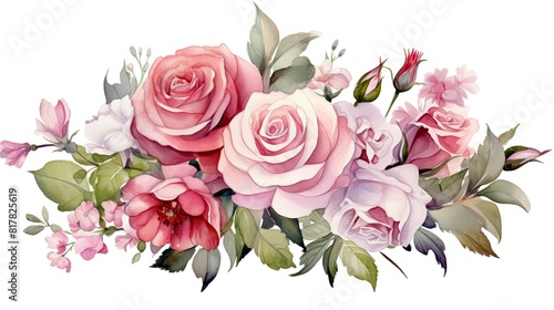 Romantic watercolor painting of a bouquet of roses in shades of red, pink, and peach, tied with a satin ribbon © Rantau