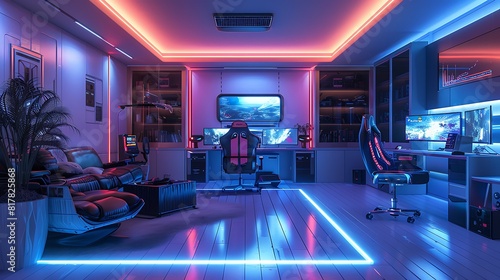 A luxurious gamer room with neon floor lighting, casting a futuristic glow on the entire space. photo