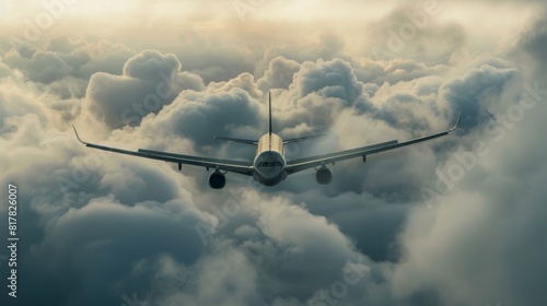 A passenger plane flying between cloud layers. Front view of the aircraft. © Plaifah