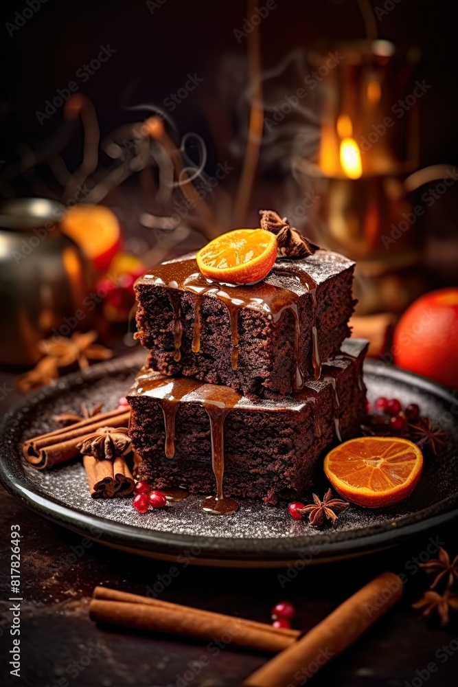 Chocolate brownies glazed with orange syrup. Ai generative Chocolate brownies glazed with orange syrup. Ai generative