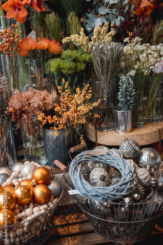 Gorgeous Christmas decor arranged on the store's display counter.