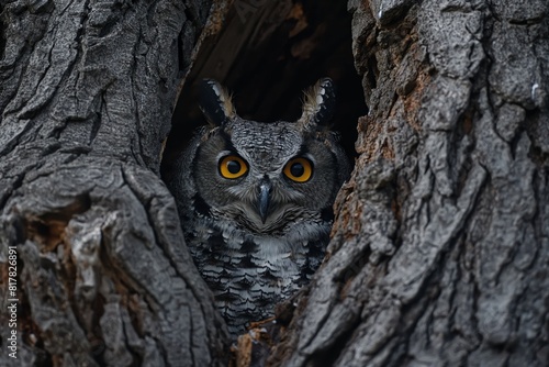 An owl peeks out from a tree hollow, blending with the dark bark