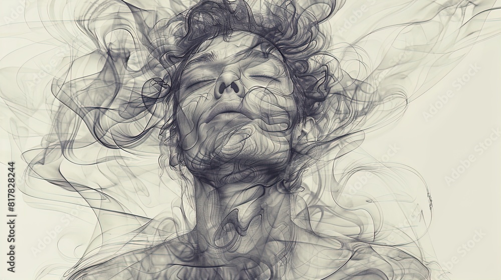 Abstract depiction of a person's face with swirling lines and smoke effects. Digital art portrait for creative design and print. Abstract depiction of a person's face with swirling lines and smoke effects. Digital art portrait for creative design and print.