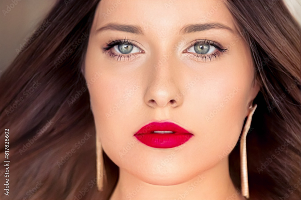 Beauty, makeup and hairstyle, face portrait of beautiful woman, red lipstick make-up and hair styling for skincare cosmetics, hair care, glamour style and fashion look idea Beauty, makeup and hairstyle, face portrait of beautiful woman, red lipstick make-up and hair styling for skincare cosmetics, hair care, glamour style and fashion look idea