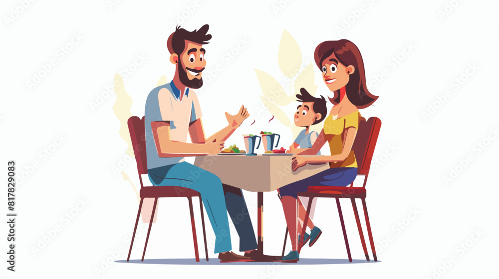 Cartoon family sitting at table in cafeteria vector 