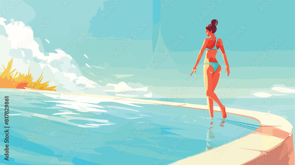 Cartoon woman dressed in swimsuit standing at edge of