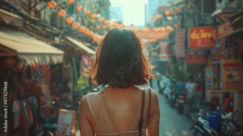 Female travelers explore Asia, Thailand, and delight in the bustling streets of Bangkok's lively Yaowarat district. © sirisakboakaew