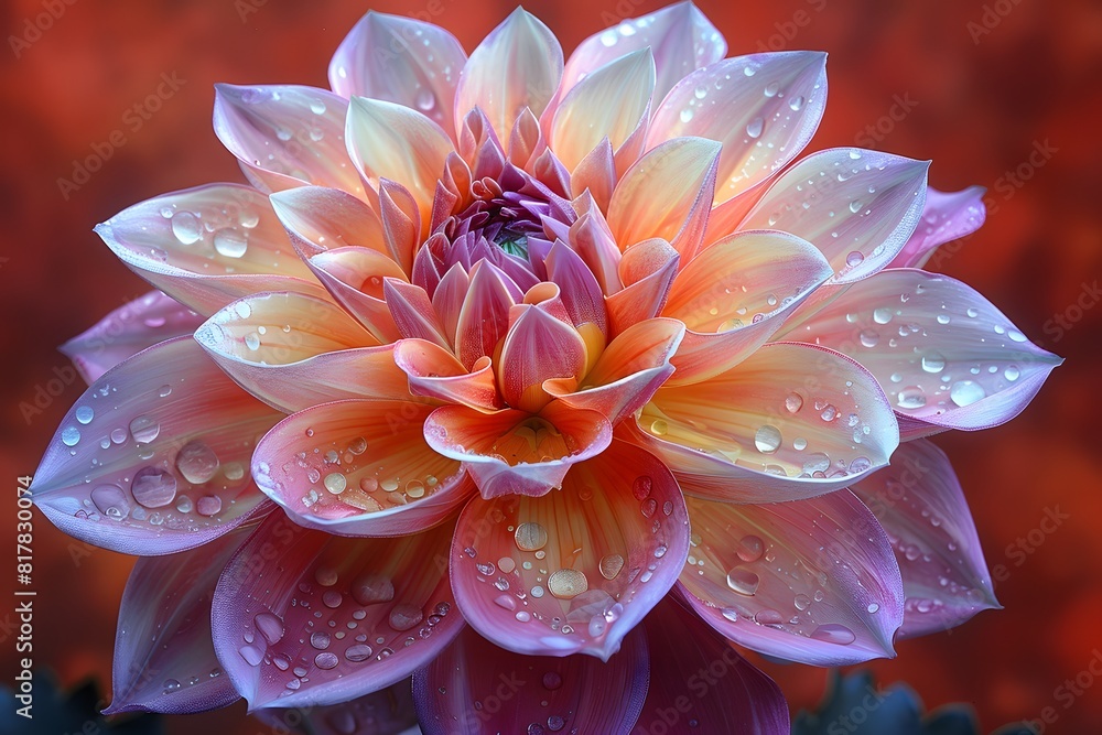 Stunning Macro Photography of a Dew-Kissed Multi-Colored Dahlia on a Vibrant Background Stunning Macro Photography of a Dew-Kissed Multi-Colored Dahlia on a Vibrant Background