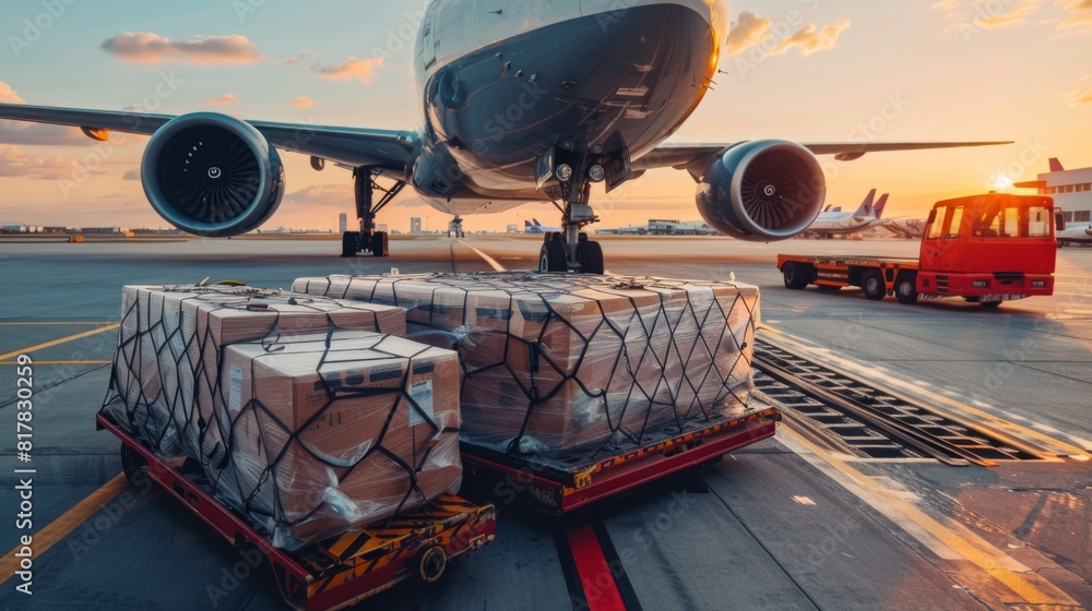 Air cargo logistic containers are loading to an airplane. Air transport ...