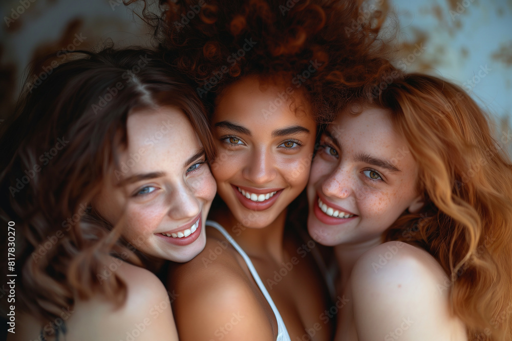 Group of happy women with different skin tones smiling Group of happy women with different skin tones smiling