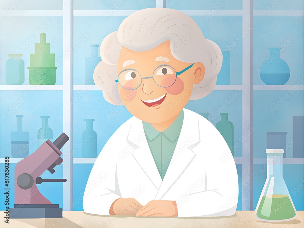 An elderly smiling woman sitting in a lab, and wearing a white uniform An elderly smiling woman sitting in a lab, and wearing a white uniform