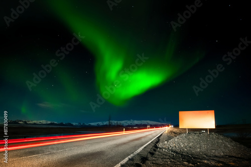 Fototapeta Copy space empty white road sign in Iceland