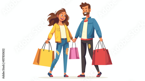 Cute happy couple carrying shopping bags. Smiling man