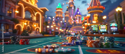 Luxurious Casino Night with Glowing Lights and Chips on a Roulette Table