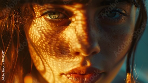 A woman with long flowing hair and striking blue eyes looks directly at the camera