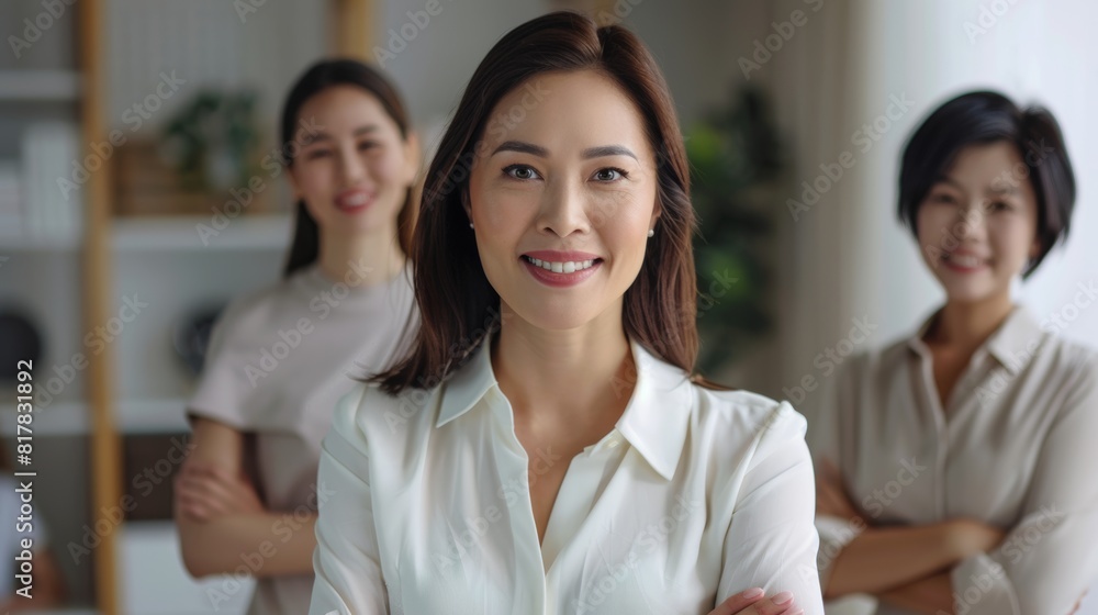 confident Asian businesswoman standing in front of her team, smiling, and looking professional in an office environment, suggesting leadership and teamwork