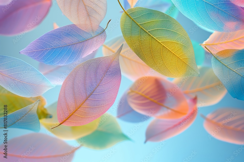 Translucent leaves in gentle pastel hues float gracefully, creating a serene and dreamy atmosphere