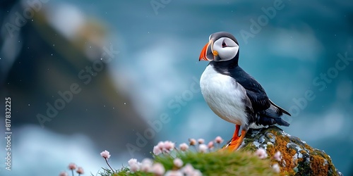 Puffin on a rock with flowers in the background  Iceland
