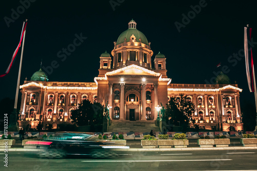 Night view of the National Assembly of Serbia building.