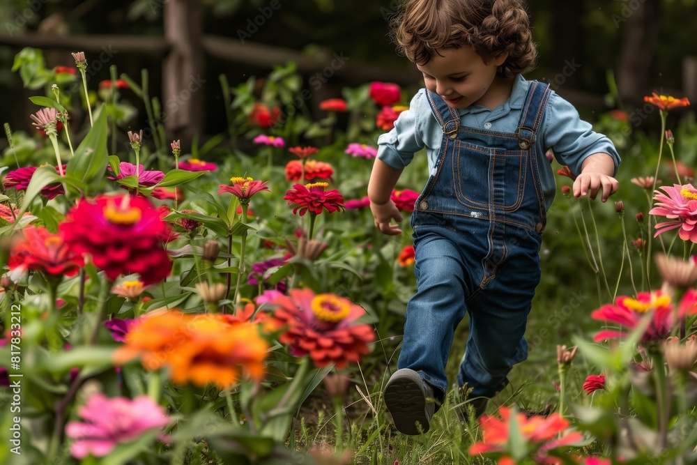 kid in overalls racing through a field of bright zinnias kid in overalls racing through a field of bright zinnias