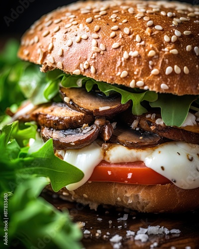 Closeup of a delicious hamburger with mushrooms and cheese. Ai generative