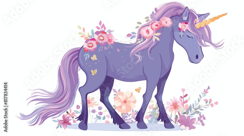 Cute unicorn full-length and floral garland. Purple