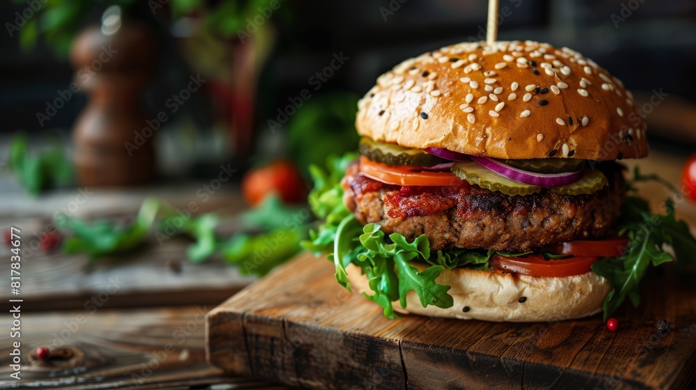 beyond meat burger, copy space, burger day background concept beyond meat burger, copy space, burger day background concept