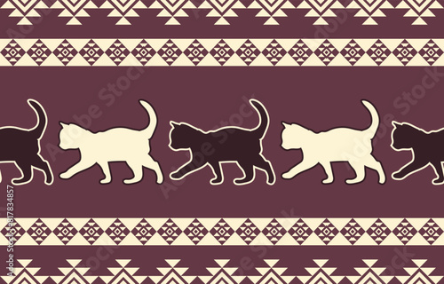 Cat pattern. Seamless. White stripes, colorful background. Ethnicity. Floral patterns, printed fabrics, pants, Lanna.