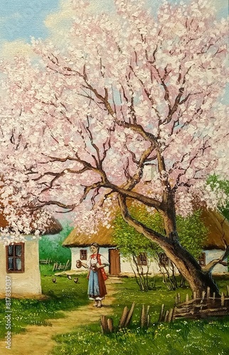 Oil paintings rustic landscape, fine art, artwork, blossom in spring